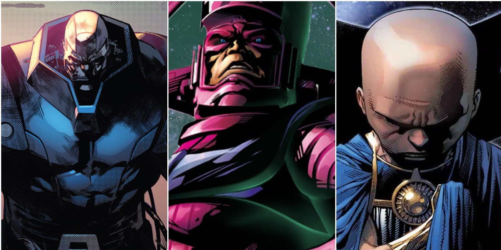 Three side by side images of Galactus, Uatu the Watcher, and Apocalypse in Marvel Comics