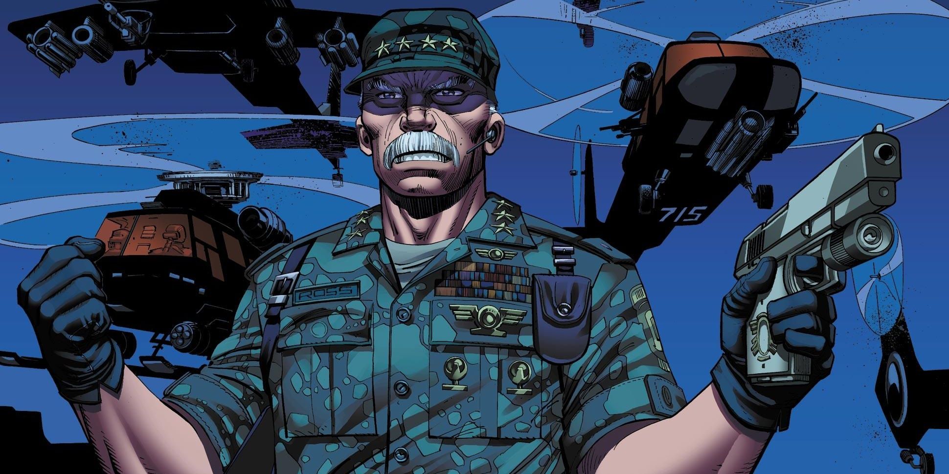 Marvel Thunderbolt Ross In His Military Uniform Holding A Gun With Military Helicopters Behind Him 