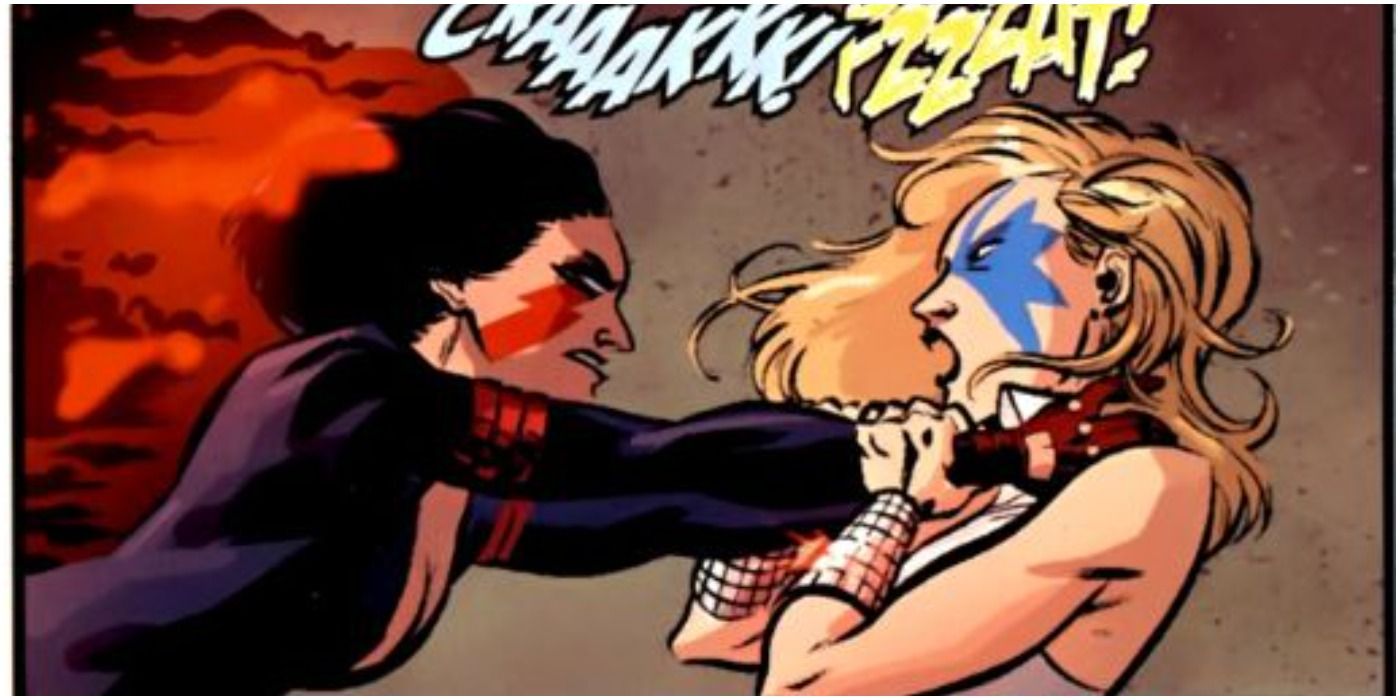 Mortis attacks half-sister Dazzler, Alison Blare, who is immune to her deathly powers