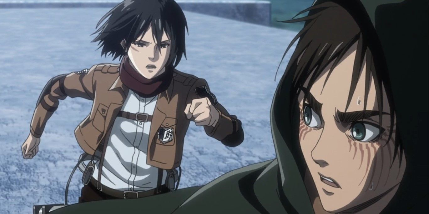 Mikasa and Eren running on top of Wall Maria