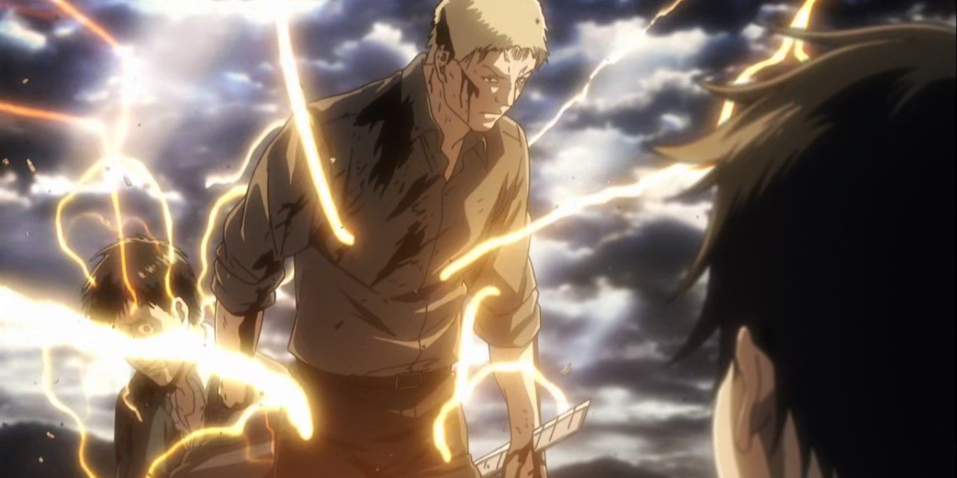 Reiner and Bertholdt transforming into titans after Mikasa cut them in attack on titan