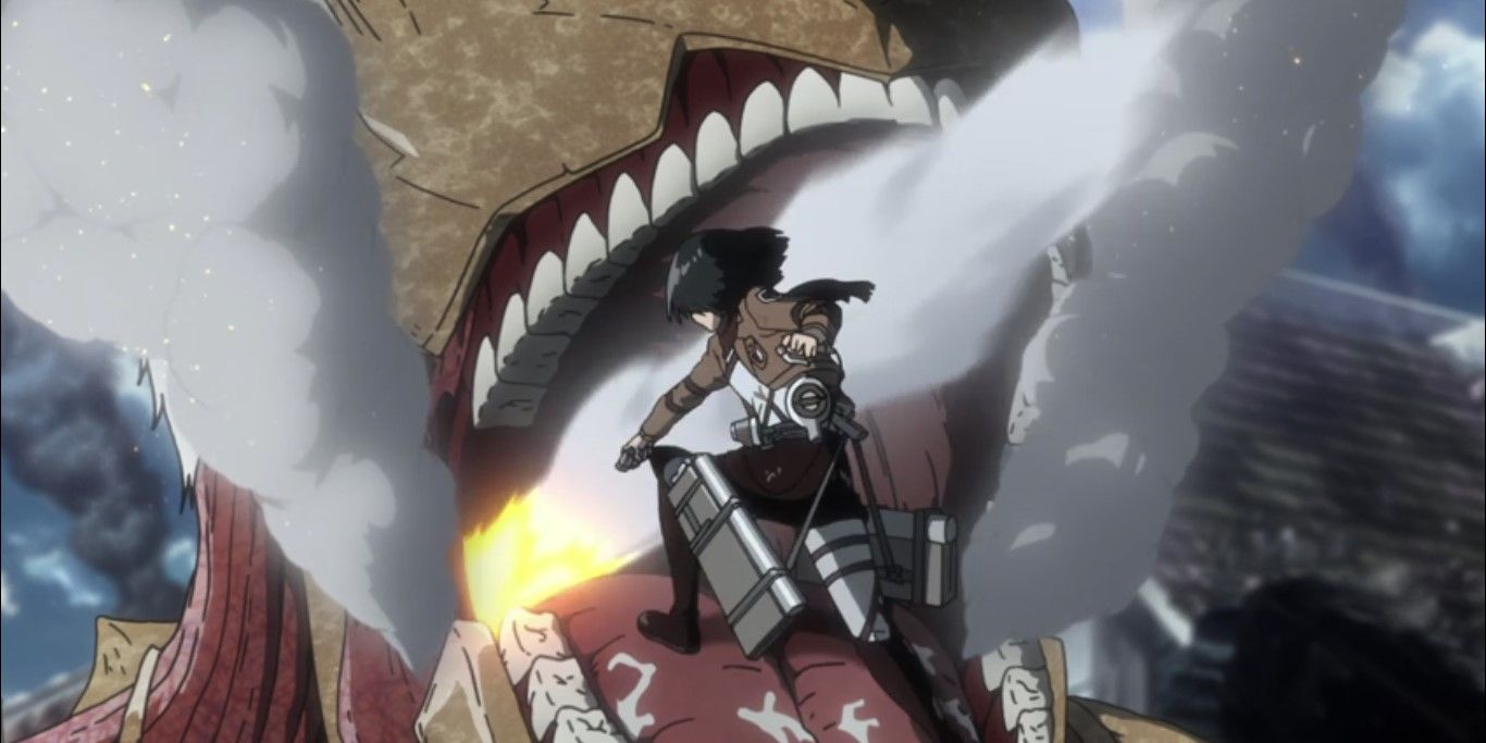 Mikasa launching the missile into Reiner's mouth.