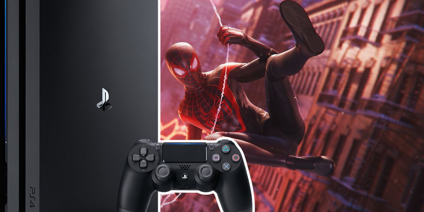A college of official Spider-Man: Miles Morales art with the PS4 Pro on top of it