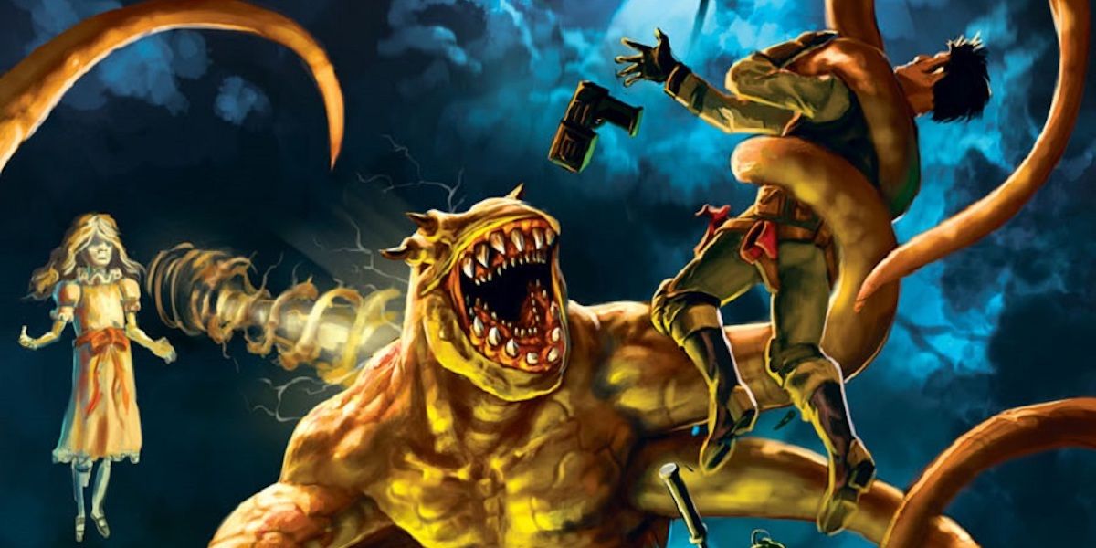 A monster attacking a pair of hunters in Monster of the Week TTRPG