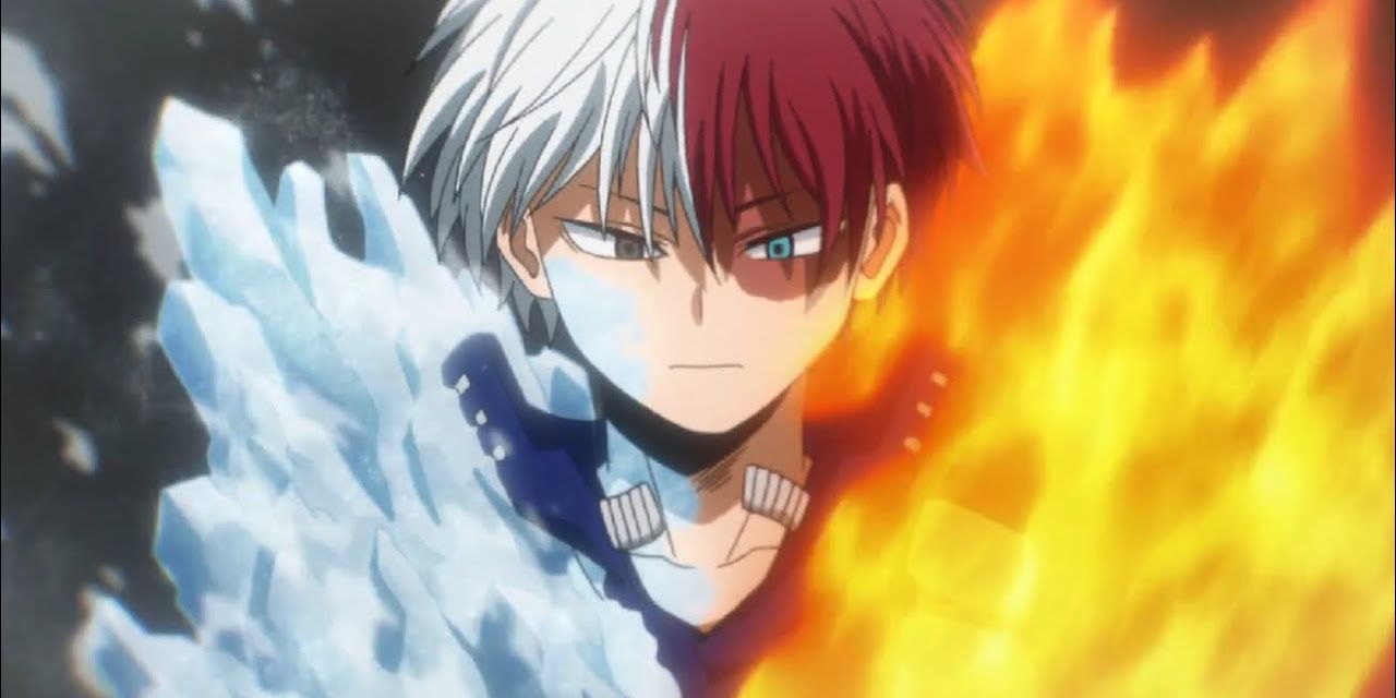 Shoto Todoroki with fire and ice in My Hero Academia.