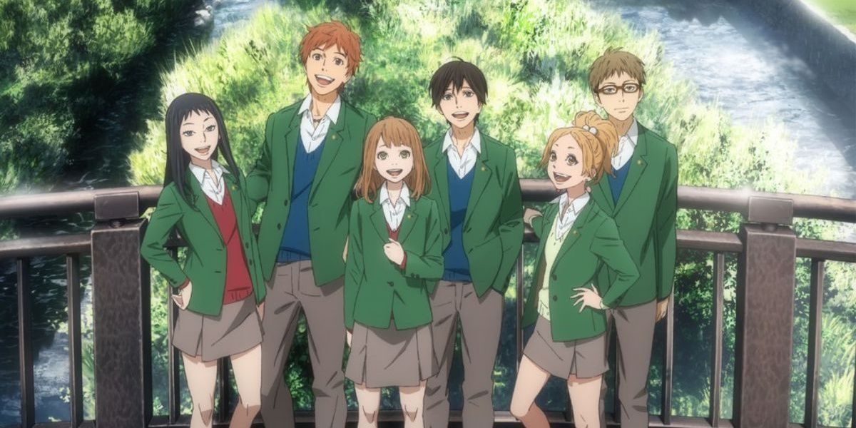 Naho Takamiya, Hiroto Suwa, Kakeru Naruse, Saku Hagita, Azusa Marasaka, and Takako Chino standing together and smiling (Orange)