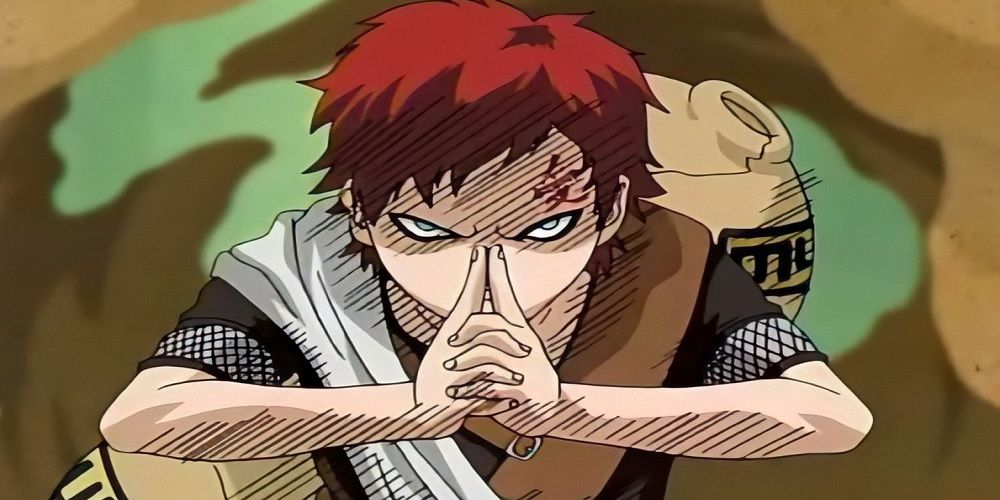 Gaara fighting in the Chunin Exams and using a hand sign in Naruto.