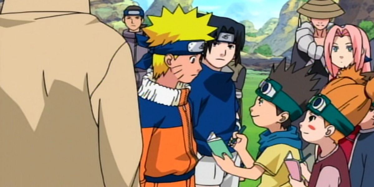 Konohamaru asking for Naruto's autograph at the Chunin Exams in Naruto.