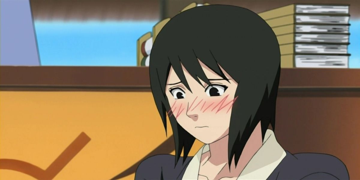 Shizune blushing in Naruto.