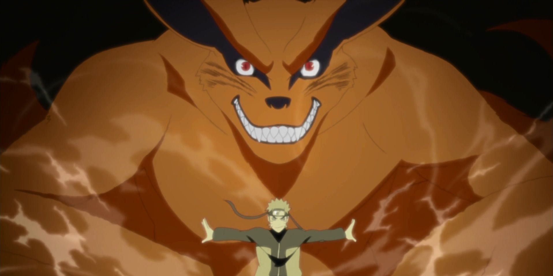 Naruto with outstretched arms standing in front of Kurama