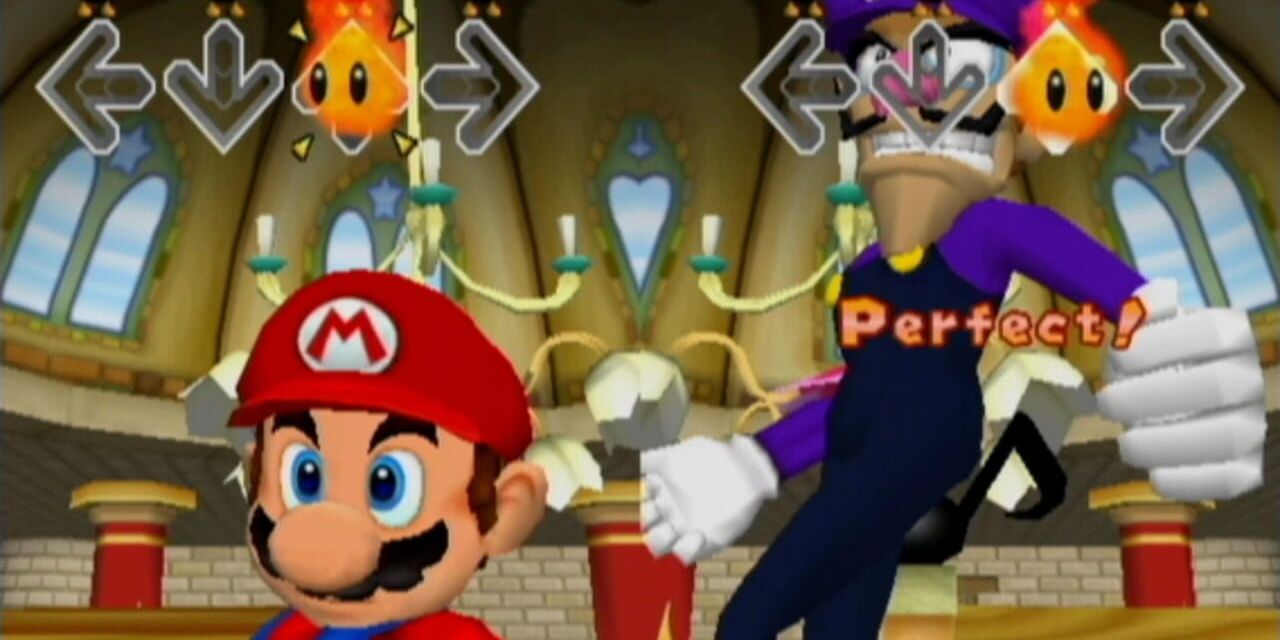 Mario dances with Waluigi in Dance Dance Revolution: Mario Mix