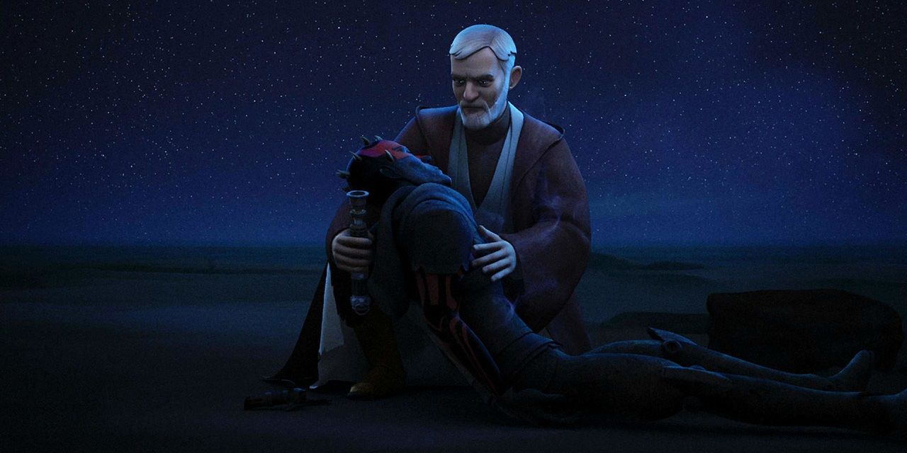 Obi Wan Kenobi holding the dead body of his archenemy Darth Maul.
