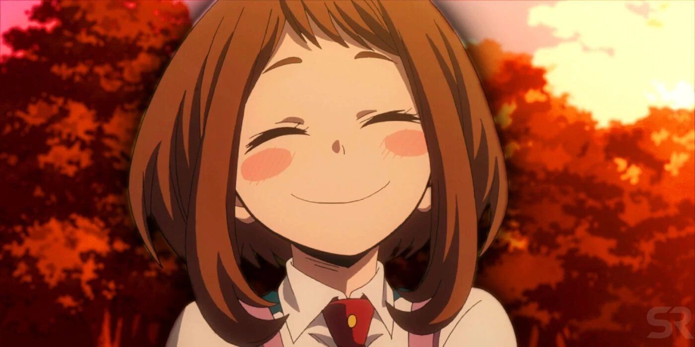 Ochaco Uraraka smiling after saving Midoriya from falling.