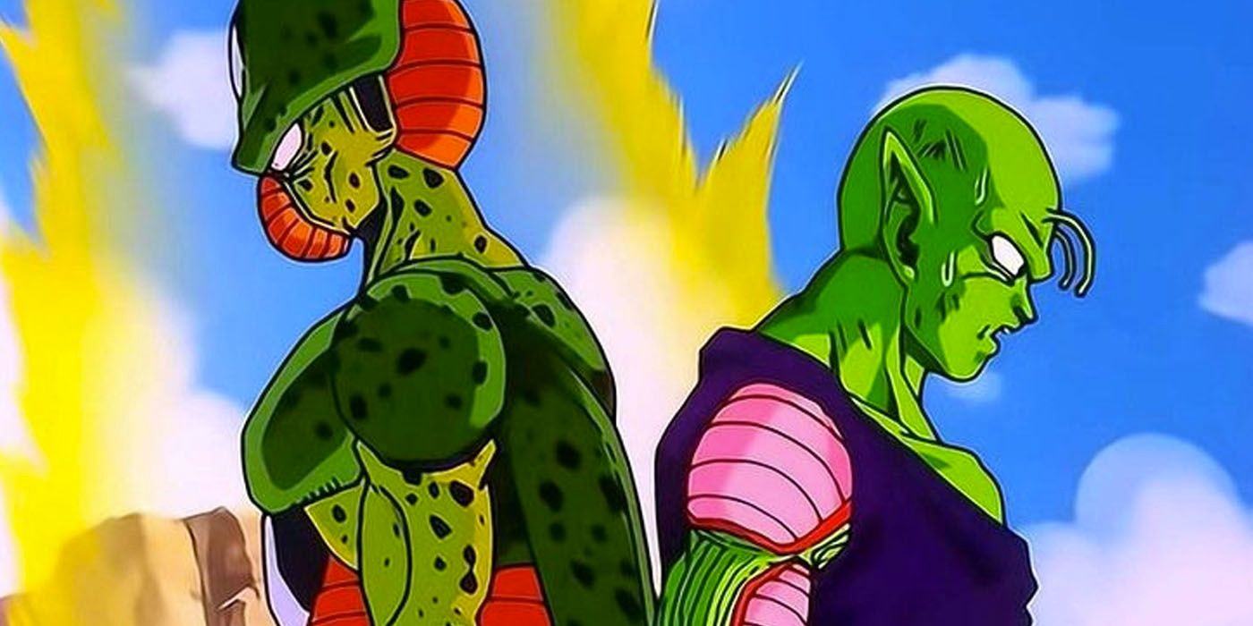 Piccolo shocked as Cell stands behind him in Dragon Ball Z.