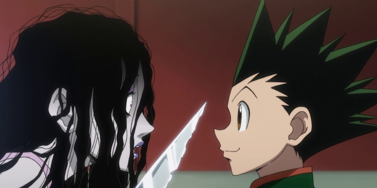 Palm holds a knife against Gon in Hunter x Hunter.