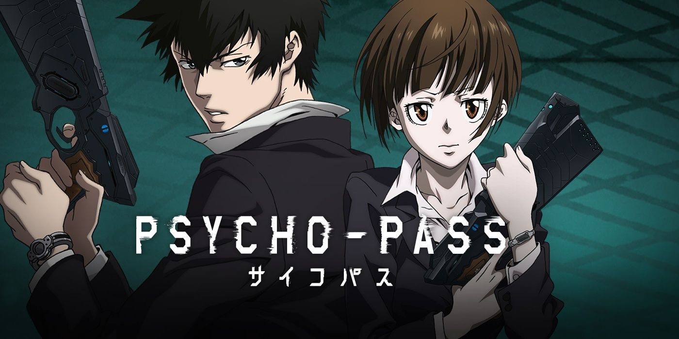 Two characters stand back-to-back holding guns on a Psycho Pass poster