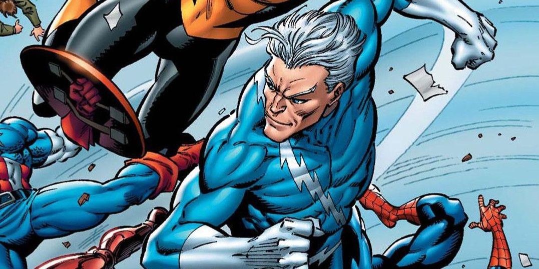 Marvel COmics' Quicksilver races past Captain America and Spider-Man.