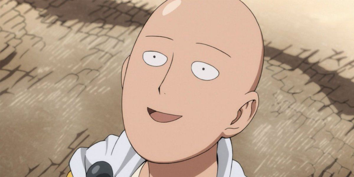 Saitama looking upward with a goofy smile in One-Punch Man