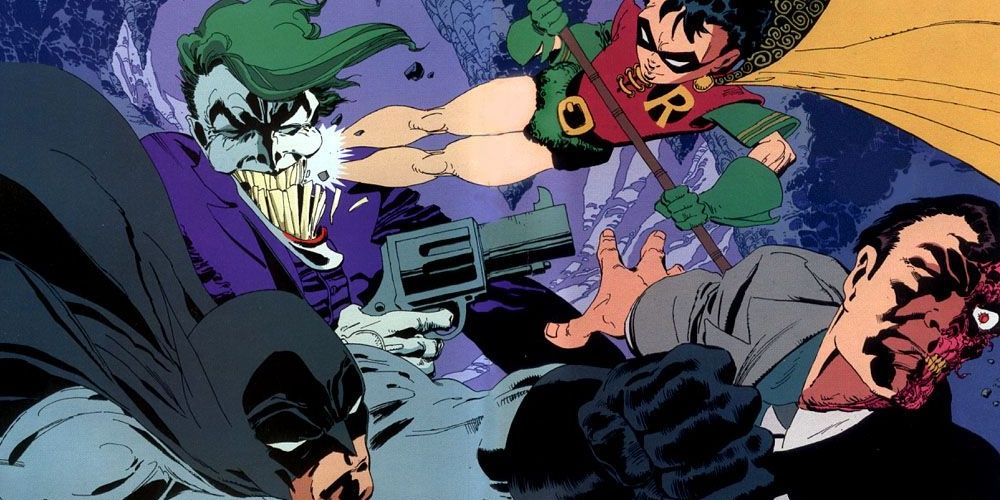 Batman and Robin fighting Two-Face and Joker in Dark Victory
