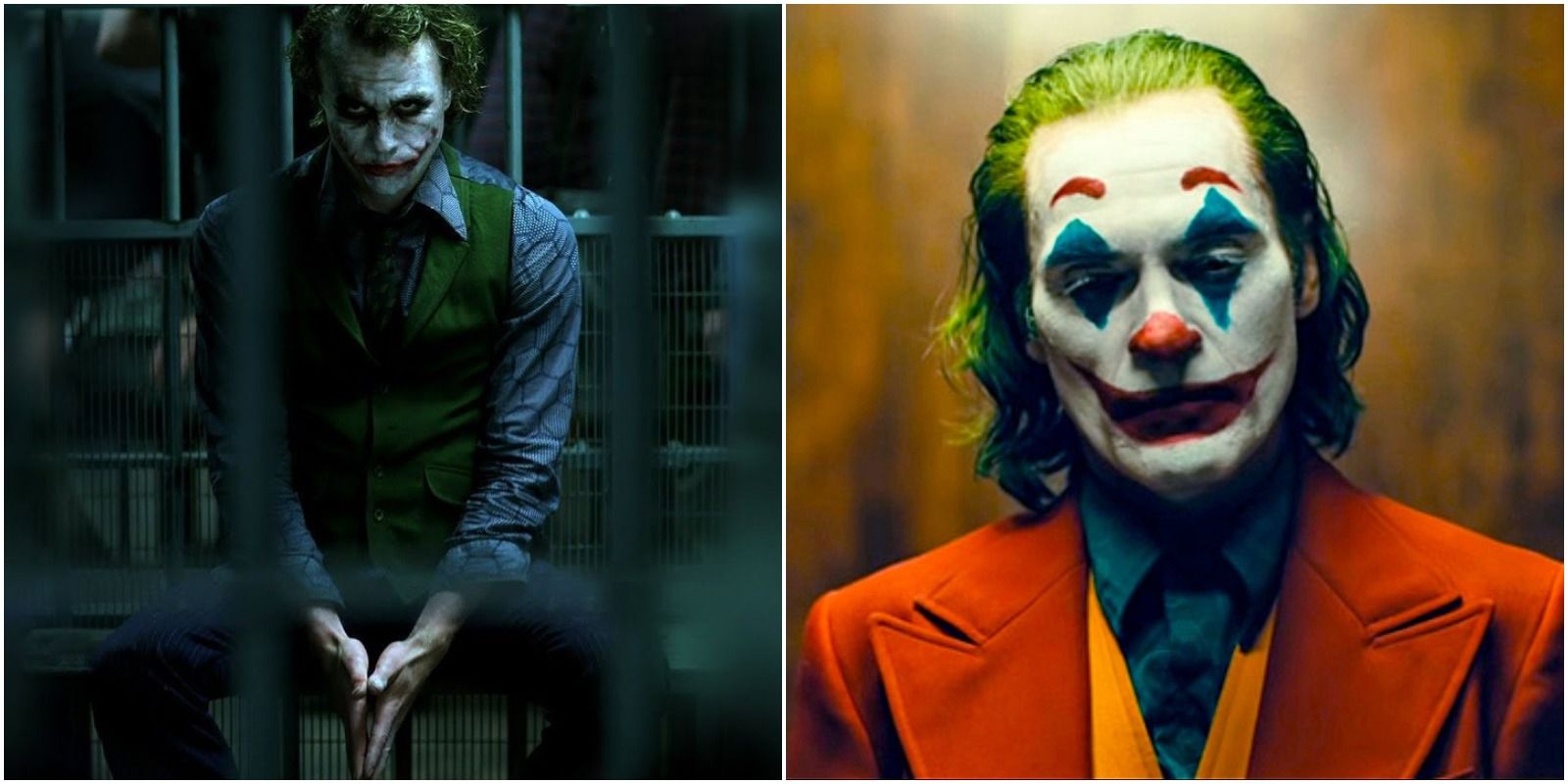 Heath Ledger and Joaquin Phoenix as the Joker in The Dark Knight and Joker respectively