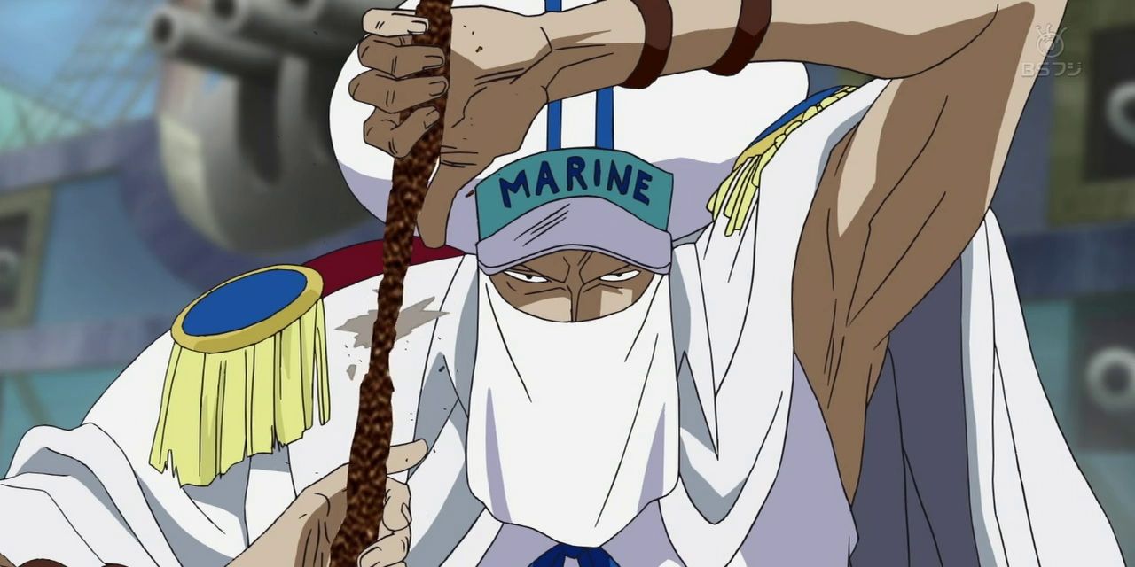 Marine captain Shu using his Rust-Rust Fruit to destroy one of Zoro's swords during the Ennies Lobby Buster Call in One Piece