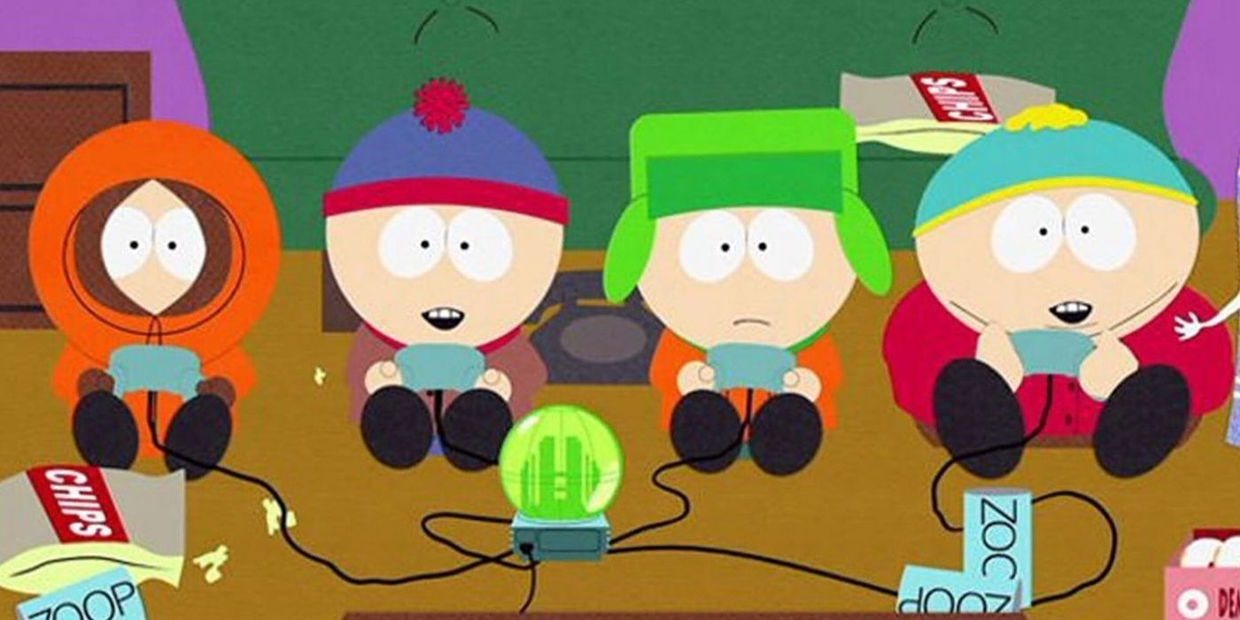 South Park's Kenny, Stan, Kyle and Cartman play video games