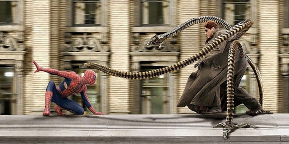 Spider-Man (Tobey Maguire) and Doctor Octopus (Alfred Molina) fight atop a train in Spider-Man 2
