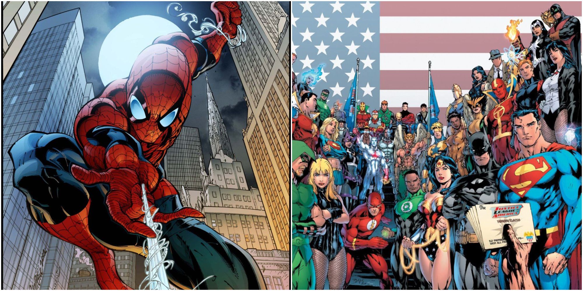 Spider-Man and the Assembed Heroes of the DC Universe