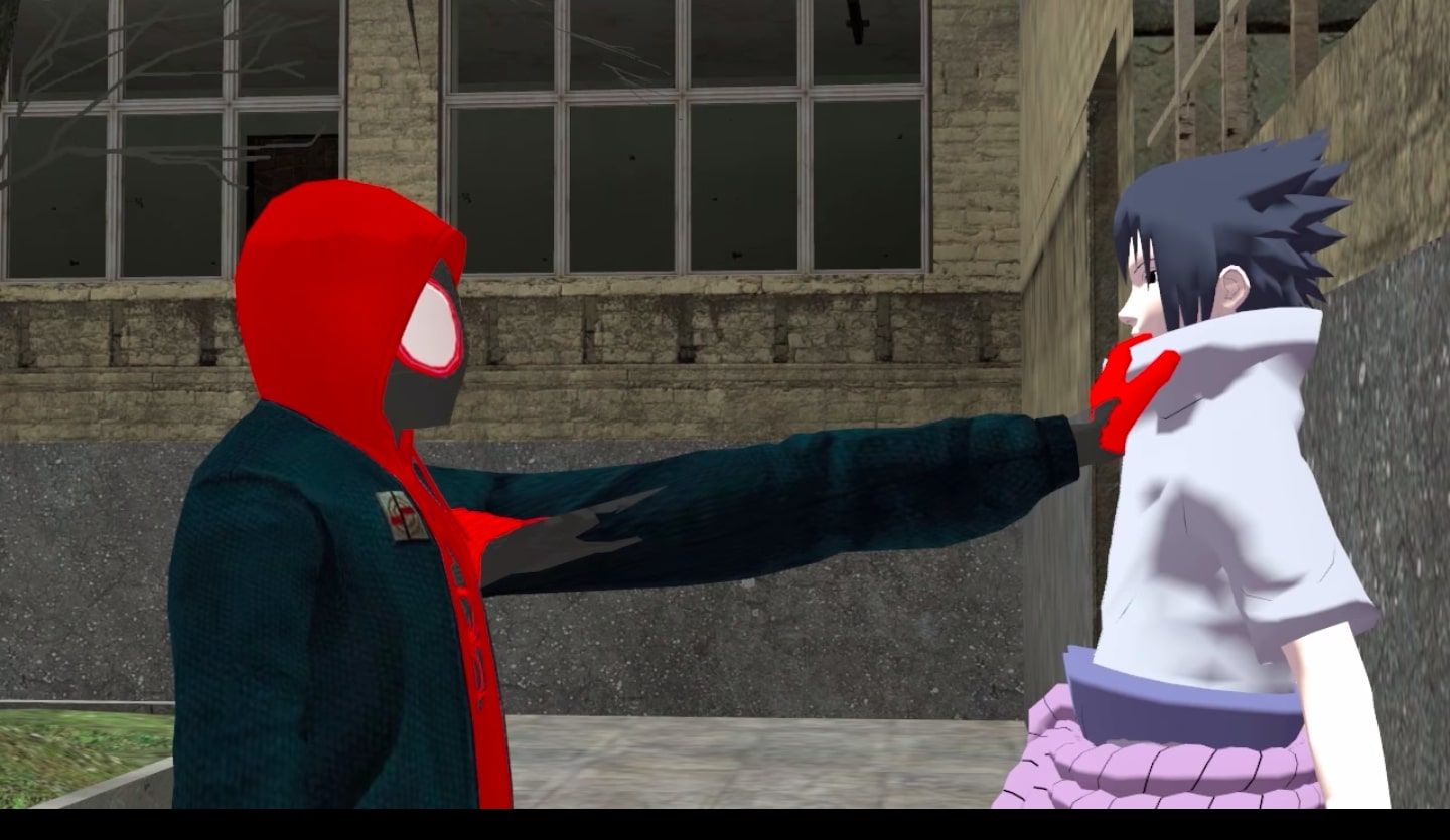 Spider-Man (Miles Morales) and Sasuke in a Sasuke Choke meme.