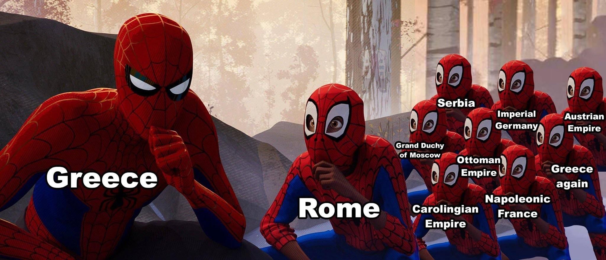 Spider-Verse Greek/Roman history meme.