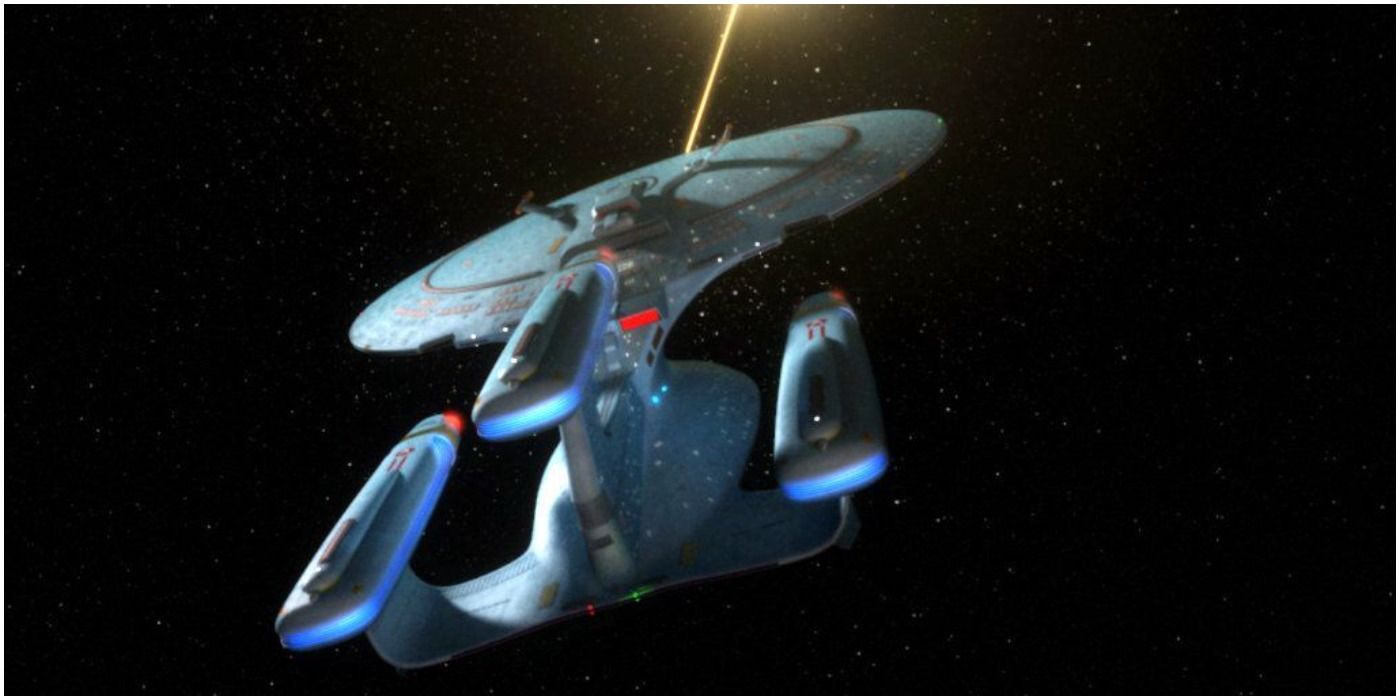 Star Trek Enterprise firing its main phaser from the final episode of TNG All Good Things