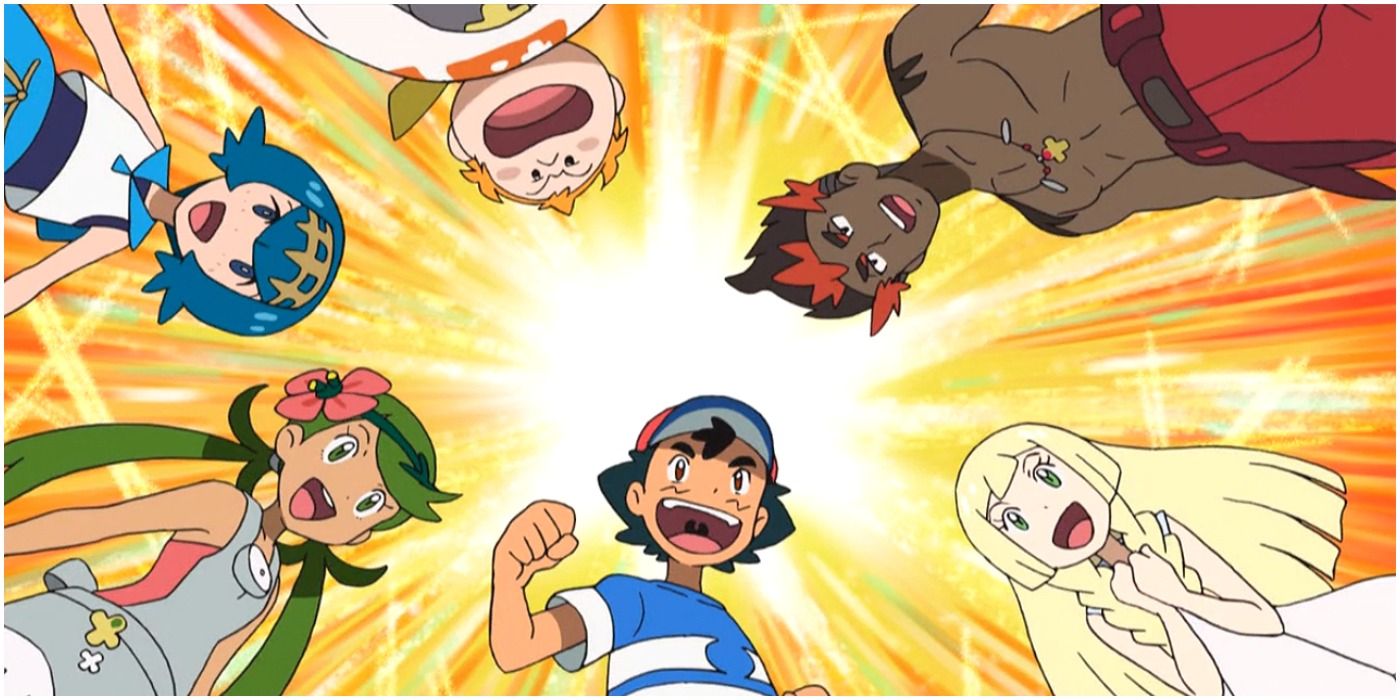 Ash's classmates: Mallow, Lana, Sophocles, Kiawe, and Lillie in the Pokemon anime
