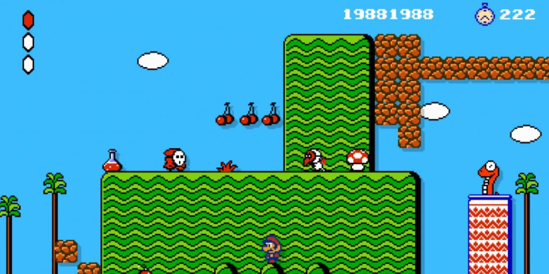 Super Mari Bros. 2 with Mario side-scrolling through landscape with various enemies