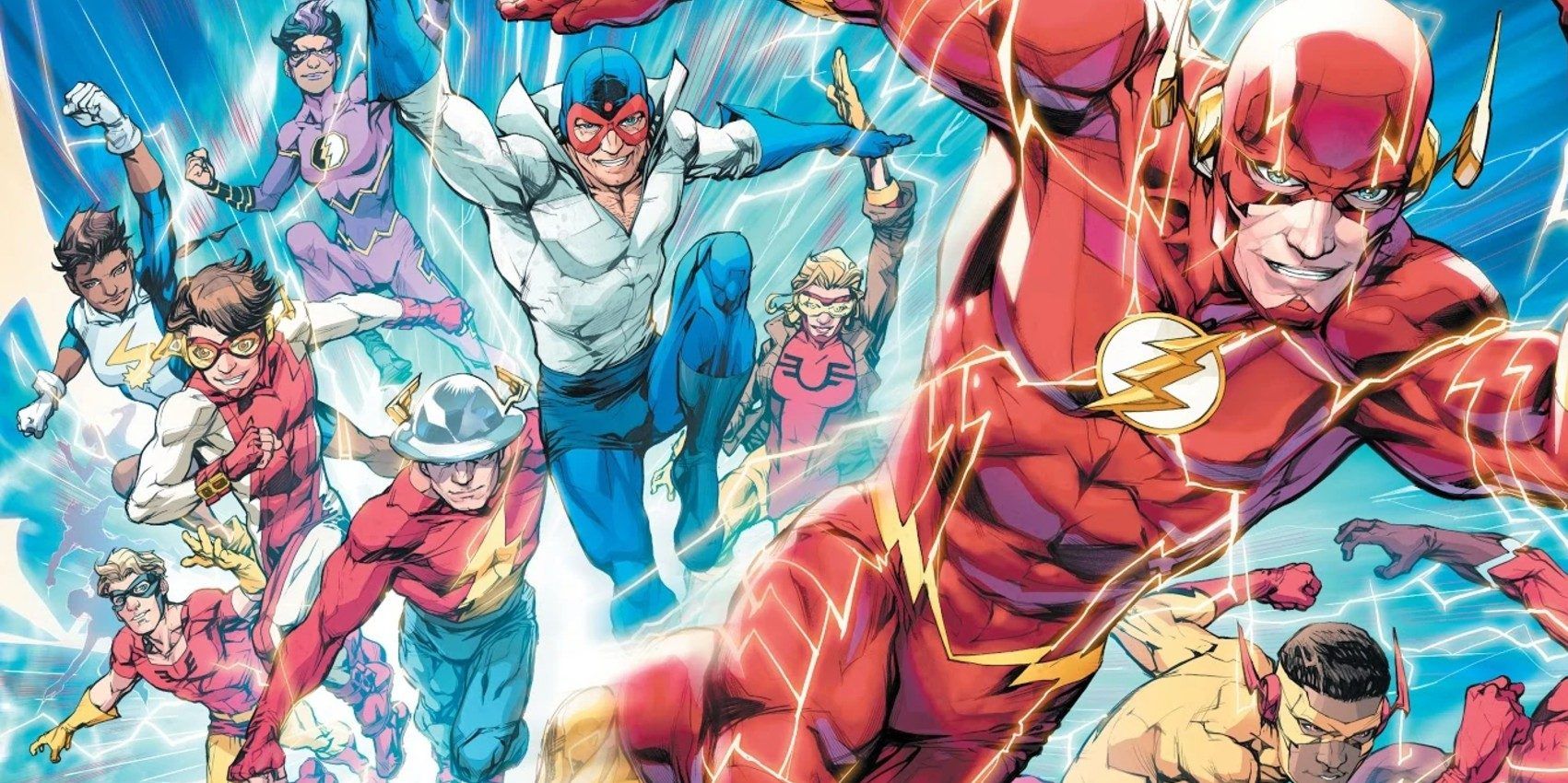 a collage of The Flash Family from DC Comics, including Barry Allen, Jay Garrick, Wally West, and many more
