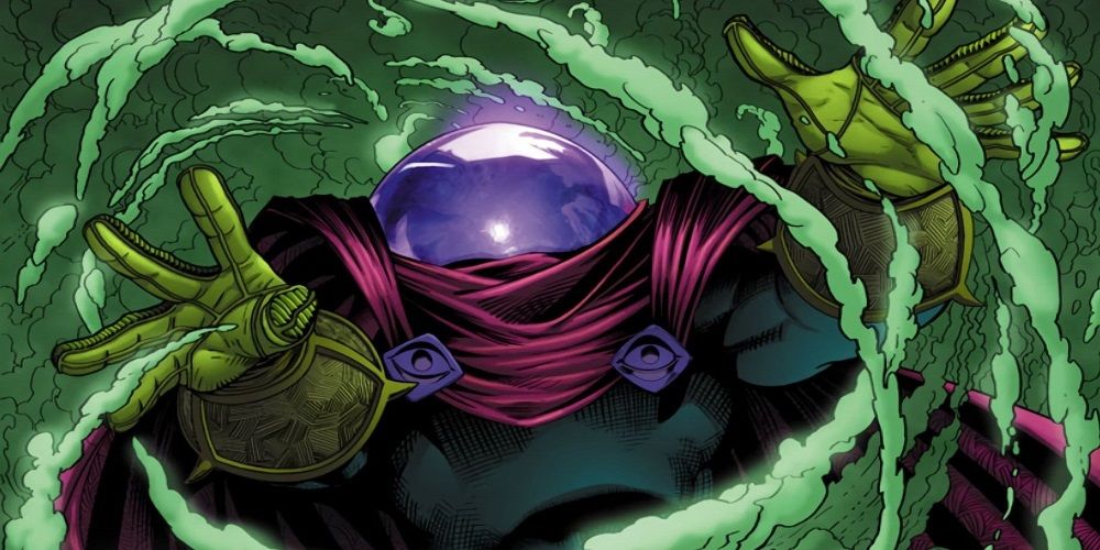 Mysterio using his technology to create green misting swirls in the comics