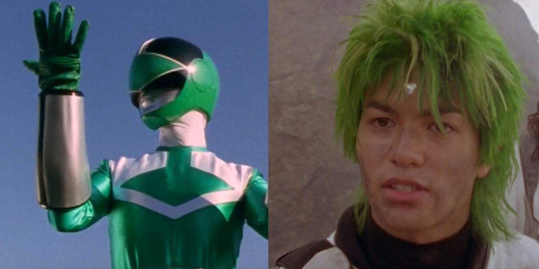 A split image of Trip, the Green Ranger in Power Rangers Time Force, in and out of his suit