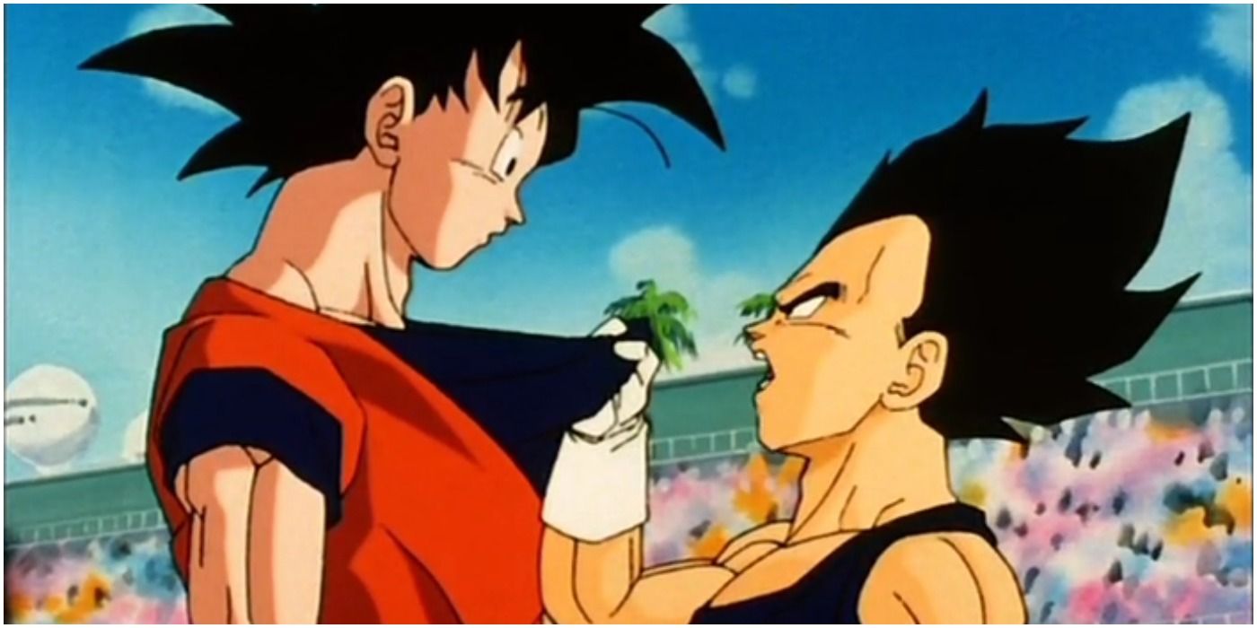 Vegeta grabbing Goku at the World Tournament
