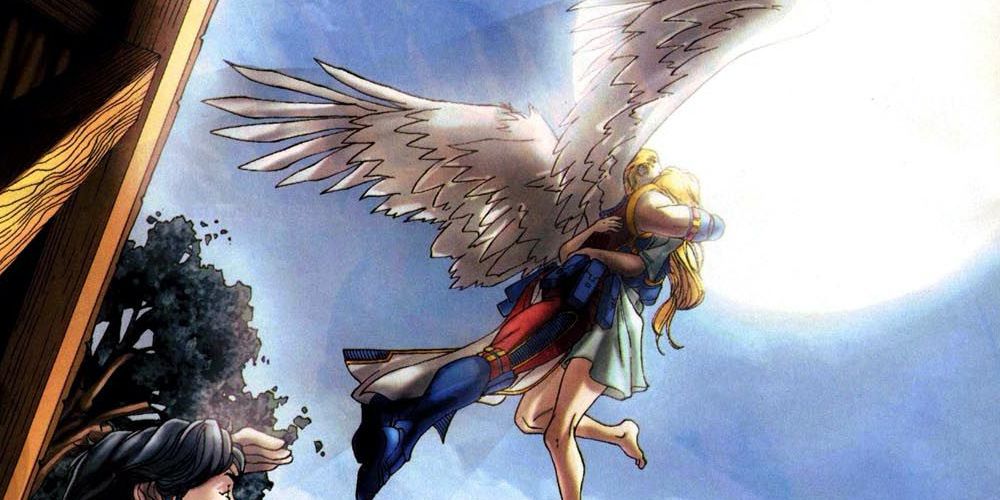 Marvel Comics' Archangel and Husk kissing in midair in a controversial story arc