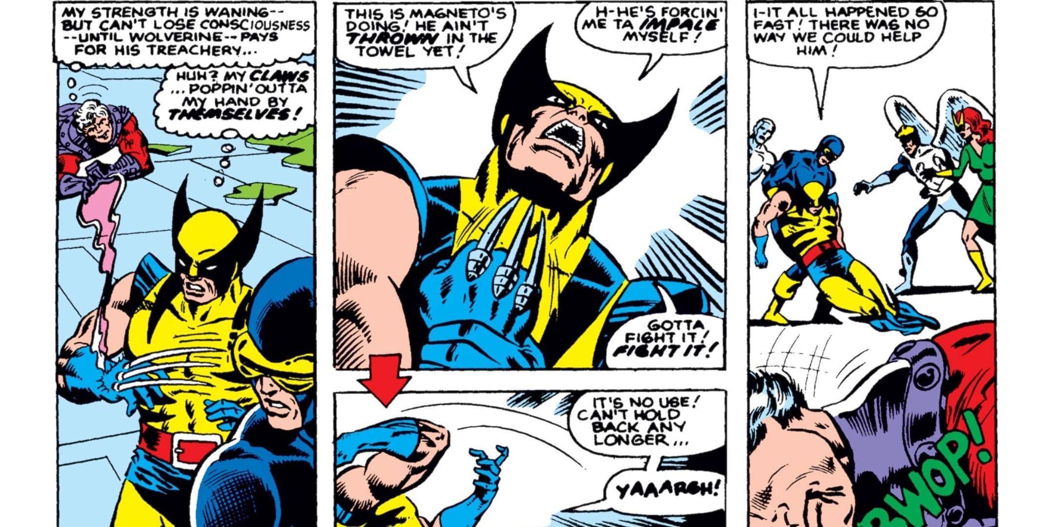 Wolverine is forced to stab himself by Magneto.