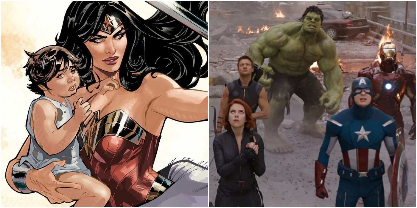 Split image featuring Wonder Woman and MCU Avengers