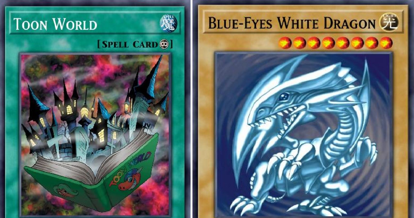 Yu-Gi-Oh! Toon World and Blue-Eye White Dragon card art