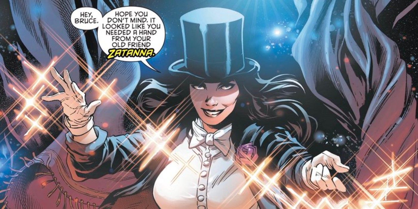 DC comics' Zatanna, in costume, complete with hat and wand.
