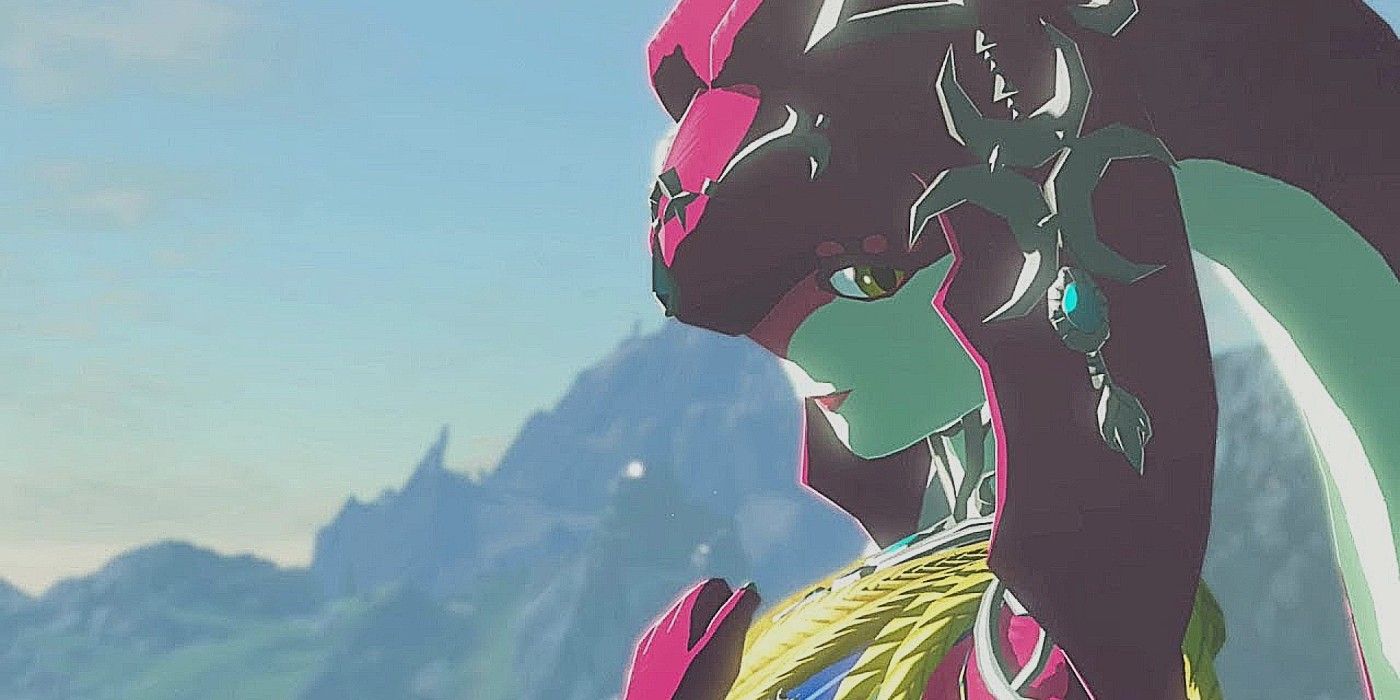 Zelda Breath of the Wild Mipha sorrindo com montanhas ao fundo