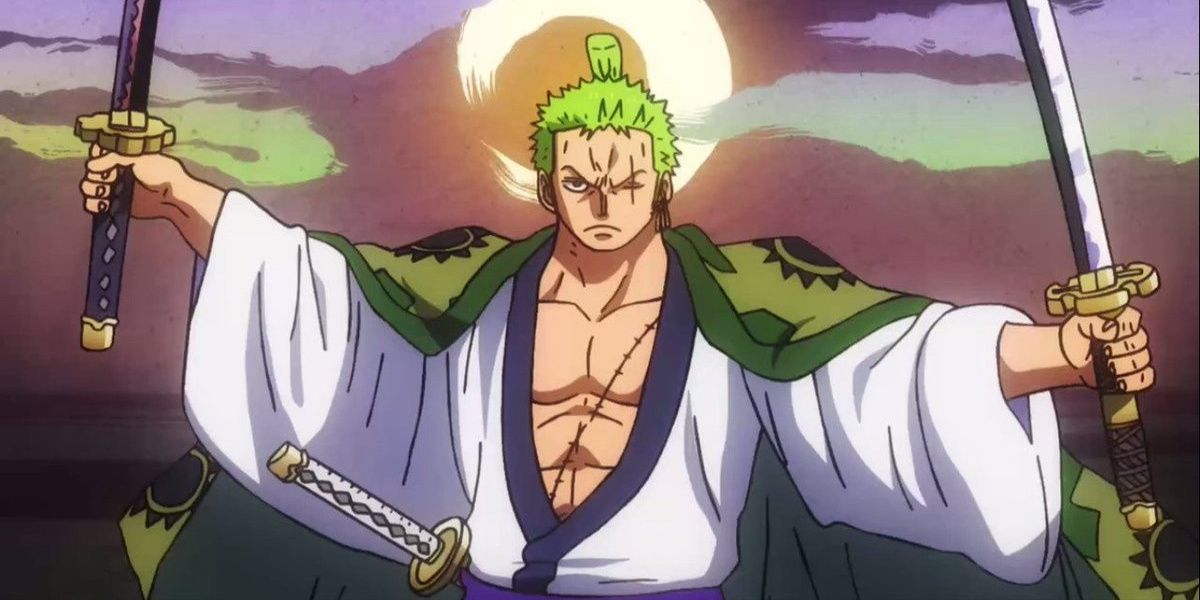 Zoro in samurai disguise holding two swords