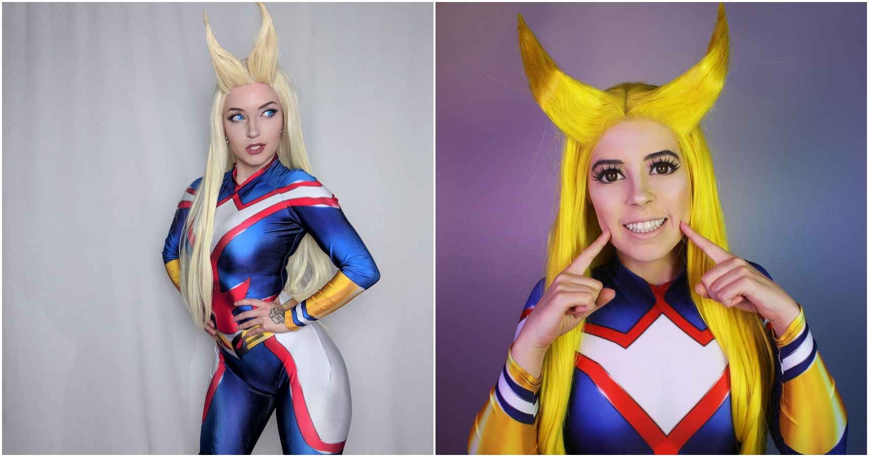 Two cosplayers posing as All Might from My Hero Academia