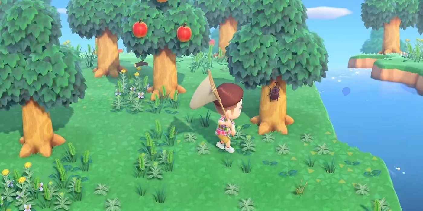 A player standing with a net about to catch a bug in Animal Crossing: New Horizons.