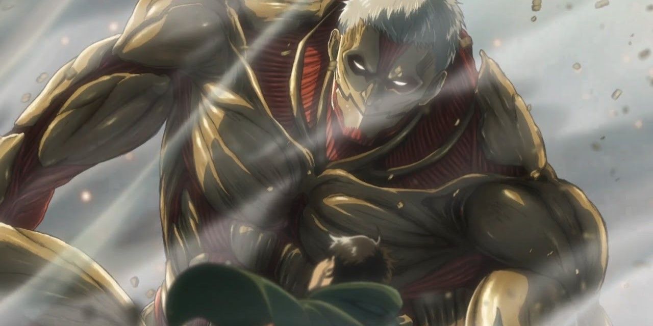 The Armored Titan is on the top of the wall in Attack on Titan.