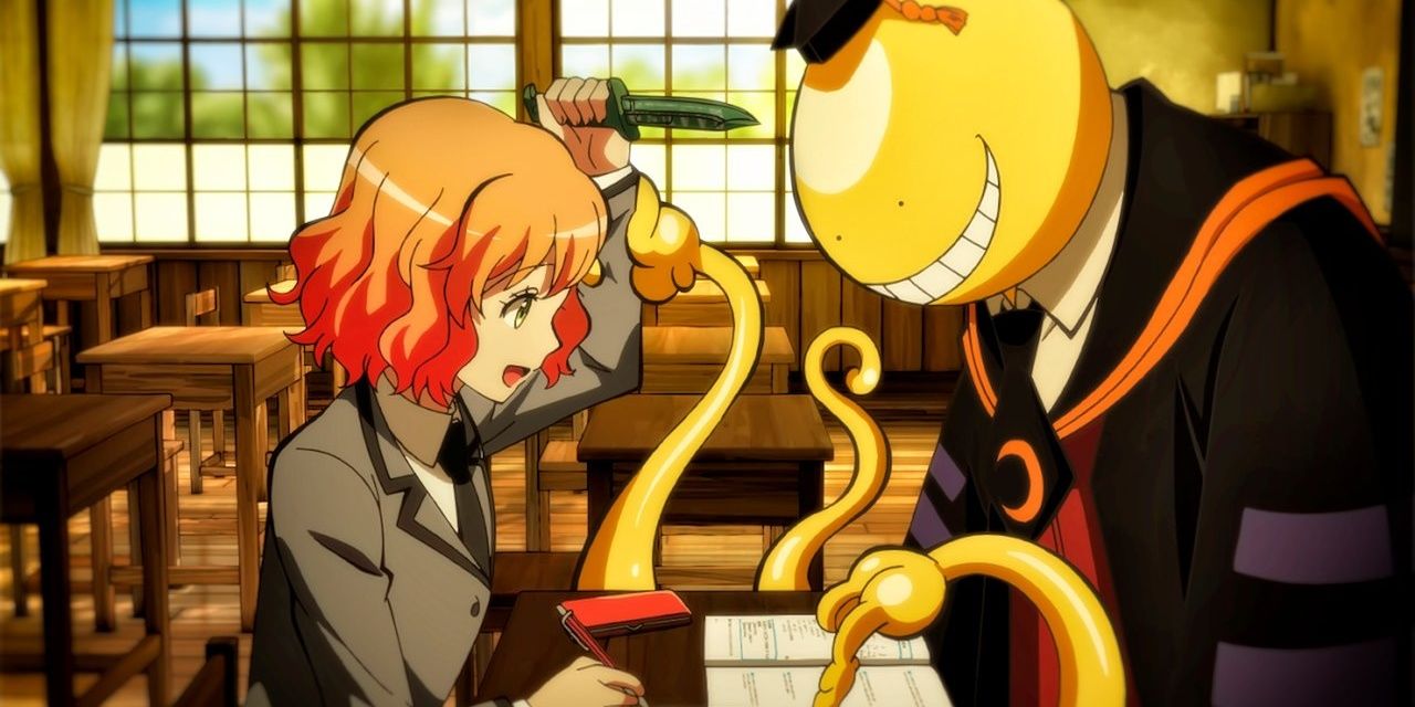 Koro Sensei from Assassination Classroom tutoring one of his students as she tries to assassinate him