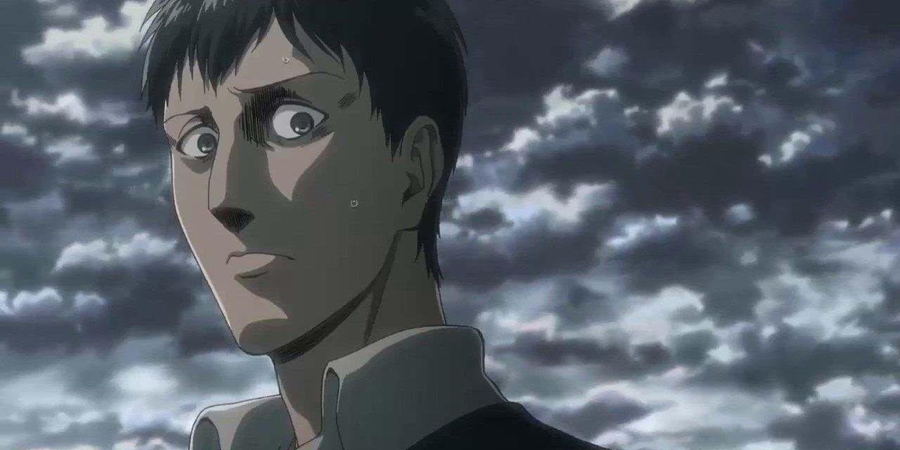 Bertholdt surprised, because Reiner just told Eren that they are titans.