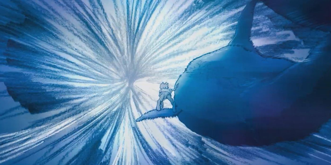 Ruka riding on the fin of a whale as they head into the big bang in Children of the Whales